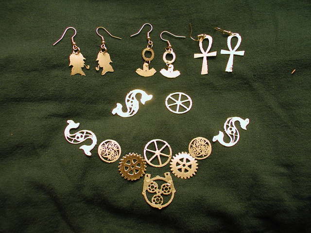 Sherlockian brass earrings, Ankh and cog earrings, and gear necklace
