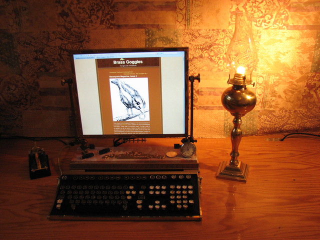 steampunk desktop and kerosene lamp