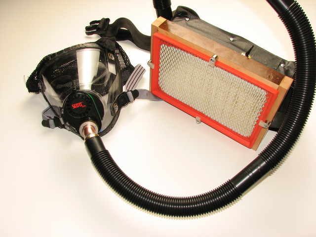 powered respirator made from gas mask and automotive filter