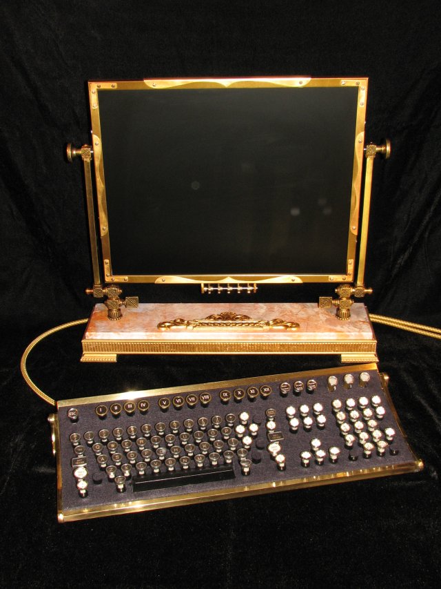 steampunk monitor and keyboard on black velvet