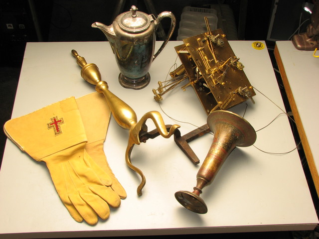 escapement gloves andiron and vase, steampunk dumpster diving finds