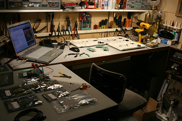 steampunk workshop electronics bench